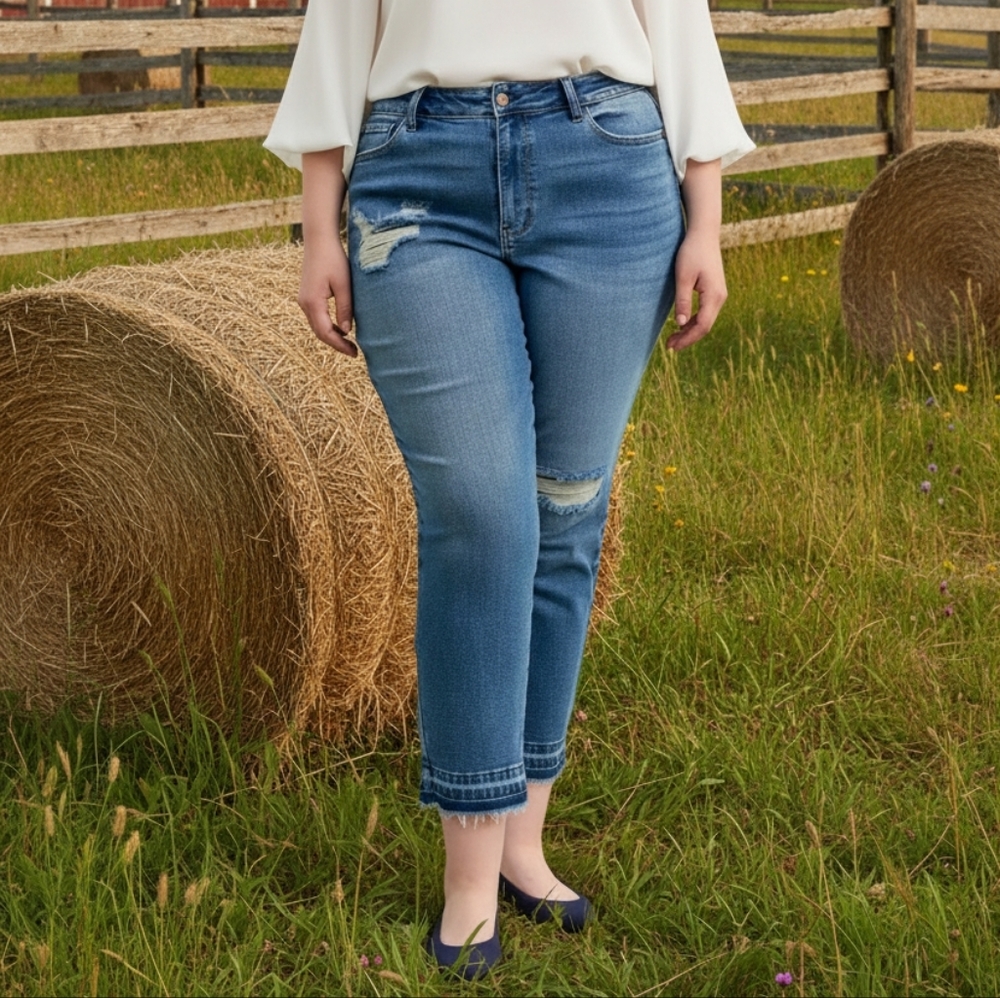 Judy Blue Mid-Rise Boyfriend Distressed Jeans Straight Leg Raw Hem Denim Pants
